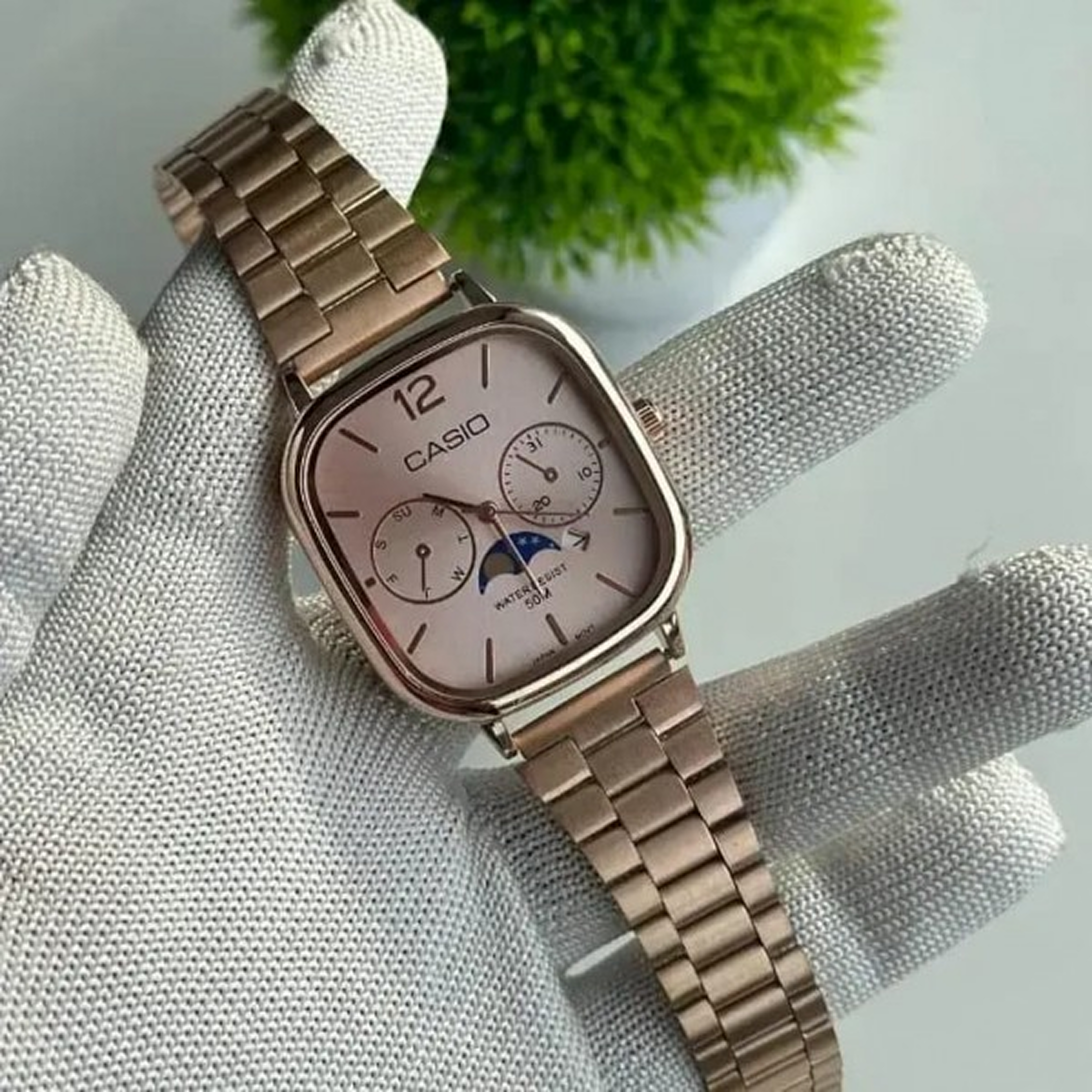 Cassiio Rose Gold Analog Watch with Pink Dial – Moonphase, Day/Date Display, 50M Water Resistant ChronoMist
