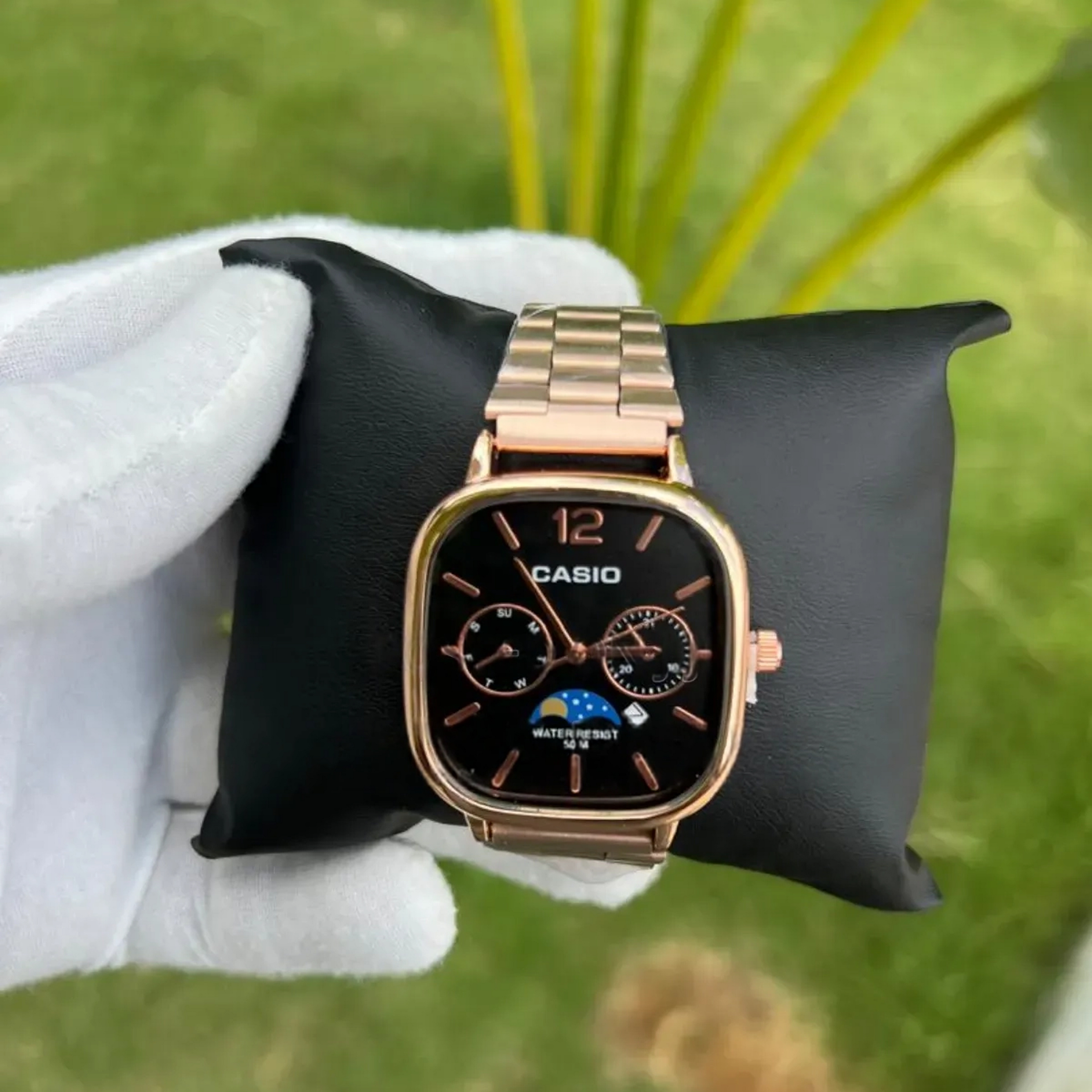 Cassiio Rose Gold Analog Watch with Black Dial – Moonphase, Day/Date Subdials, 50M Water Resistant ChronoMist