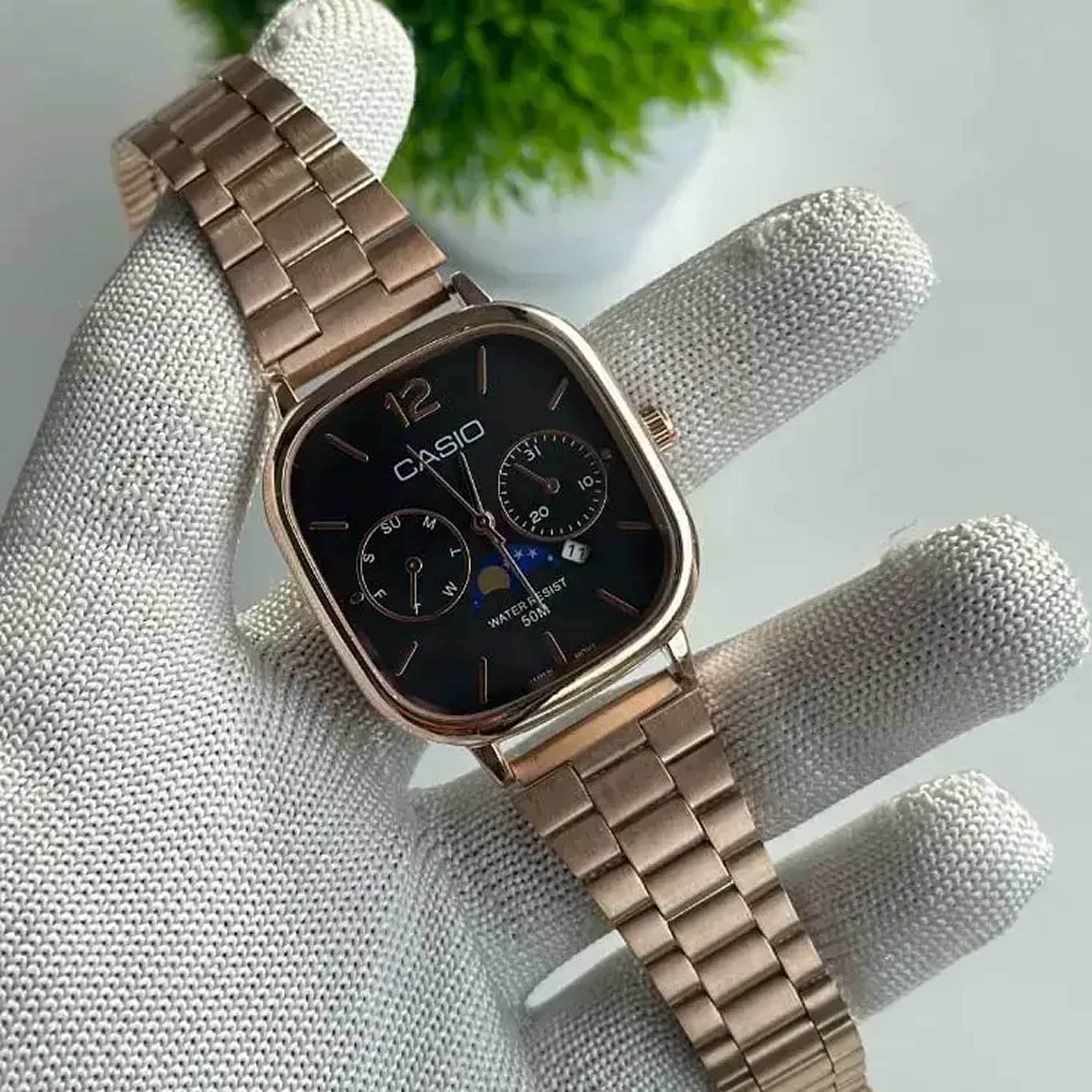 Cassiio Rose Gold Analog Watch with Black Dial – Moonphase, Day/Date Subdials, 50M Water Resistant ChronoMist