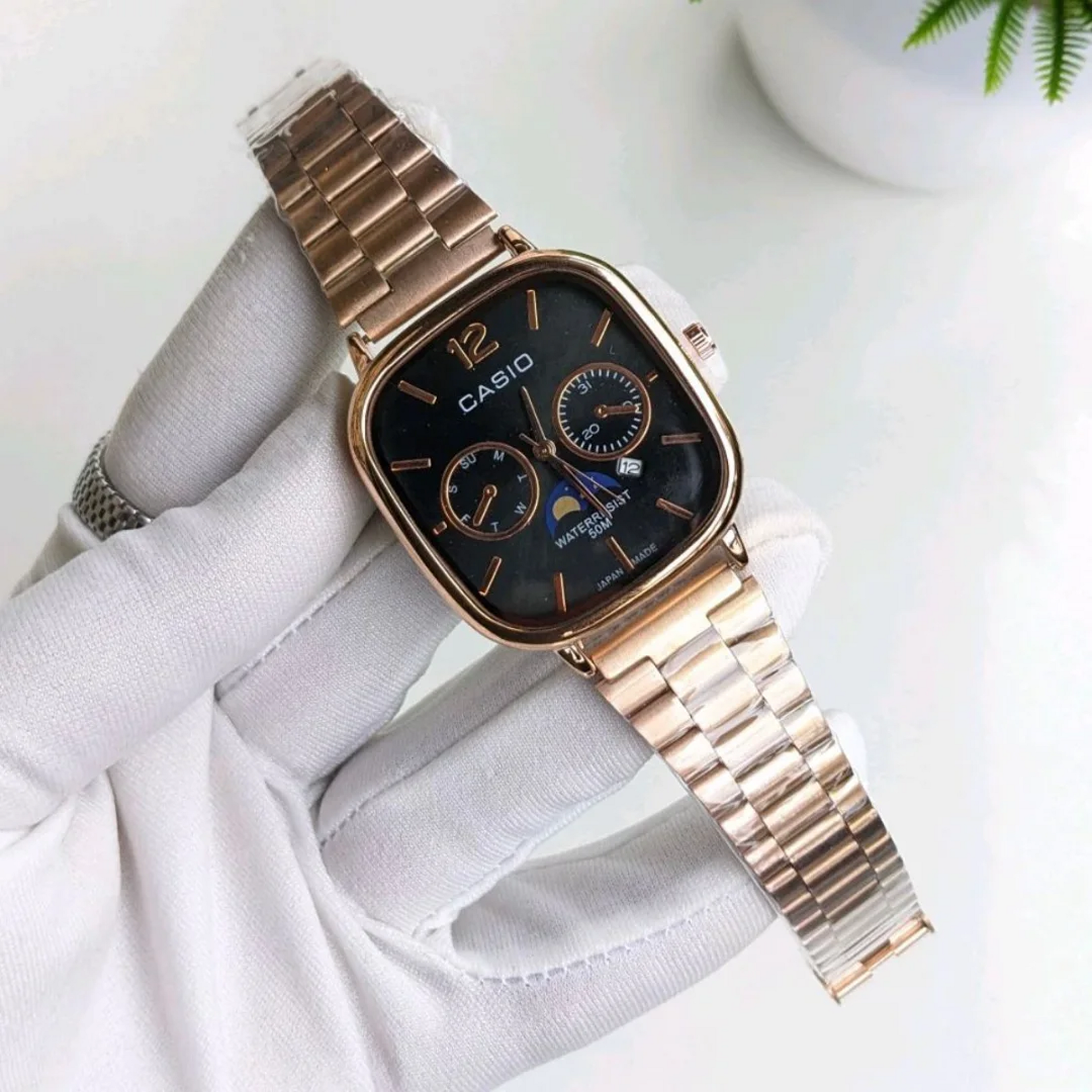 Cassiio Rose Gold Analog Watch with Black Dial – Moonphase, Day/Date Subdials, 50M Water Resistant ChronoMist