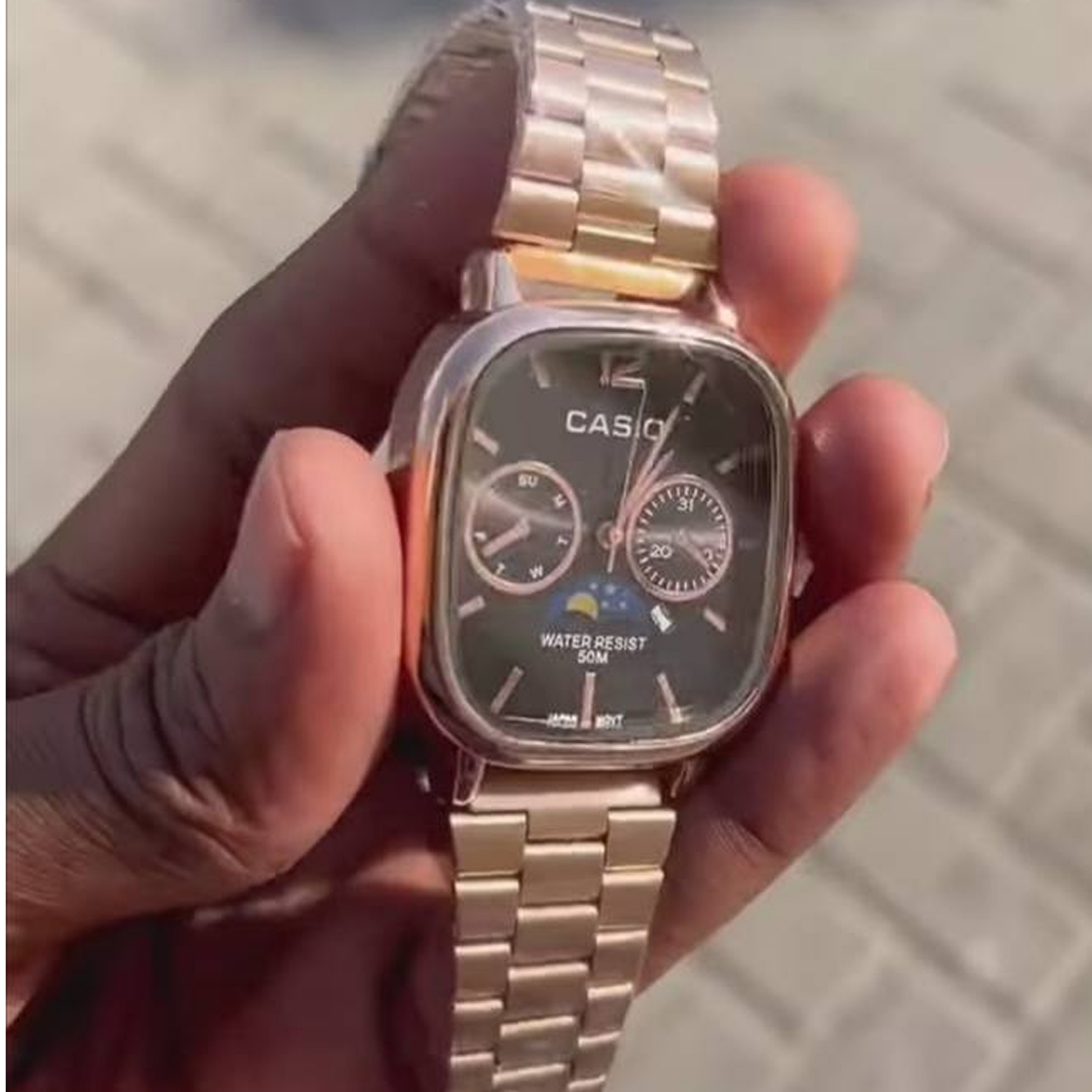 Cassiio Rose Gold Analog Watch with Black Dial – Moonphase, Day/Date Subdials, 50M Water Resistant ChronoMist