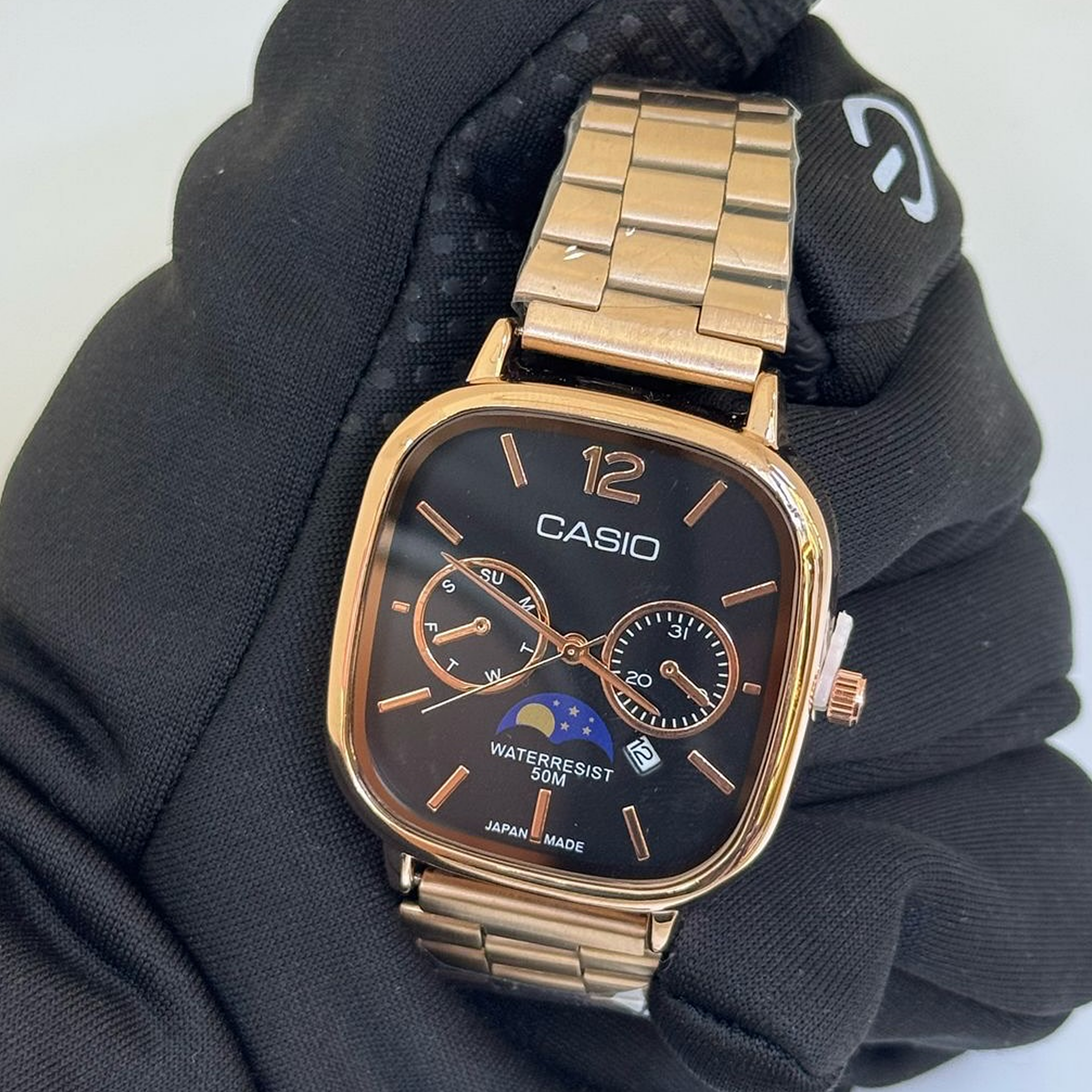 Cassiio Rose Gold Analog Watch with Black Dial – Moonphase, Day/Date Subdials, 50M Water Resistant ChronoMist