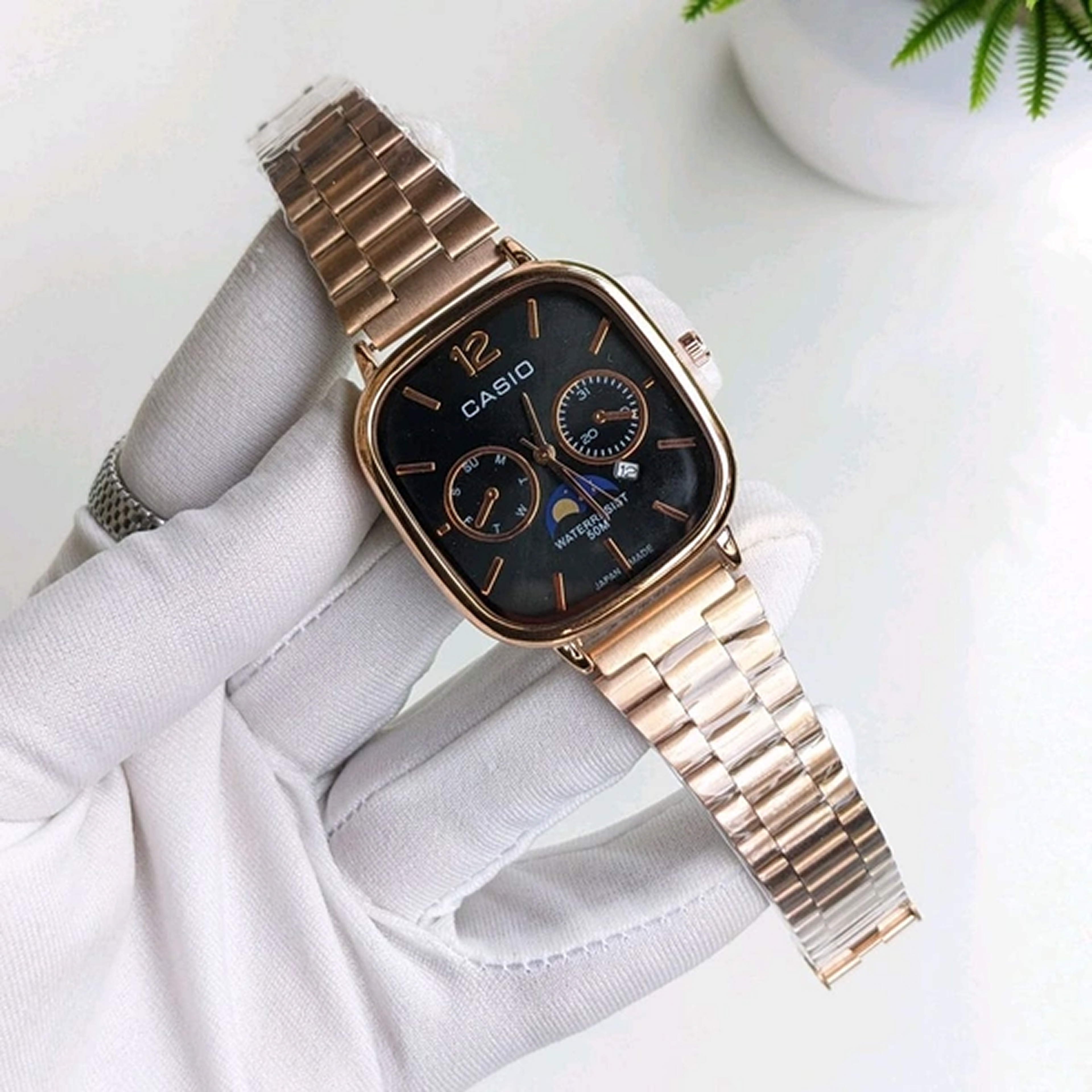Cassiio Rose Gold Analog Watch with Black Dial – Moonphase, Day/Date Subdials, 50M Water Resistant ChronoMist