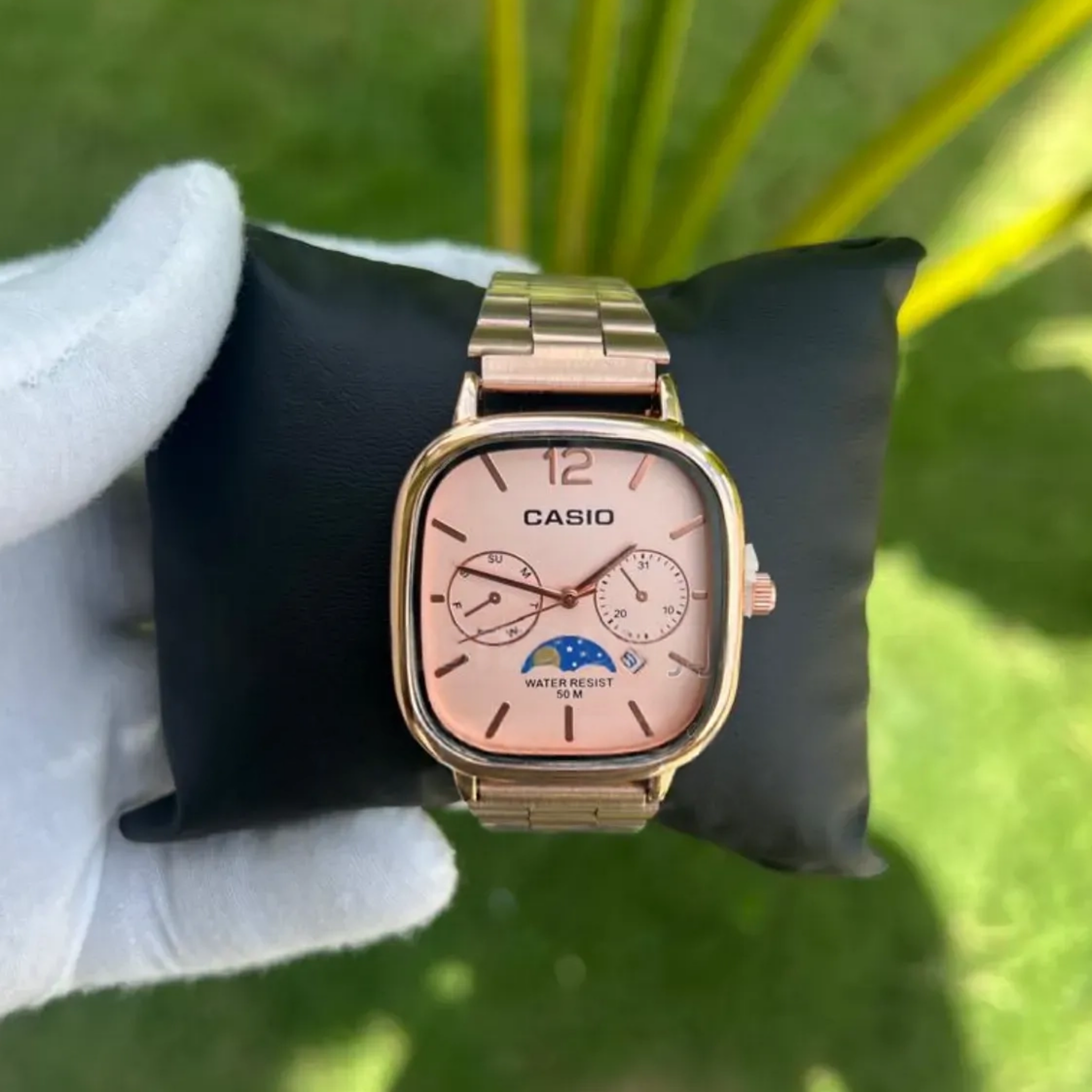 Cassiio Rose Gold Analog Watch with Pink Dial – Moonphase, Day/Date Display, 50M Water Resistant ChronoMist