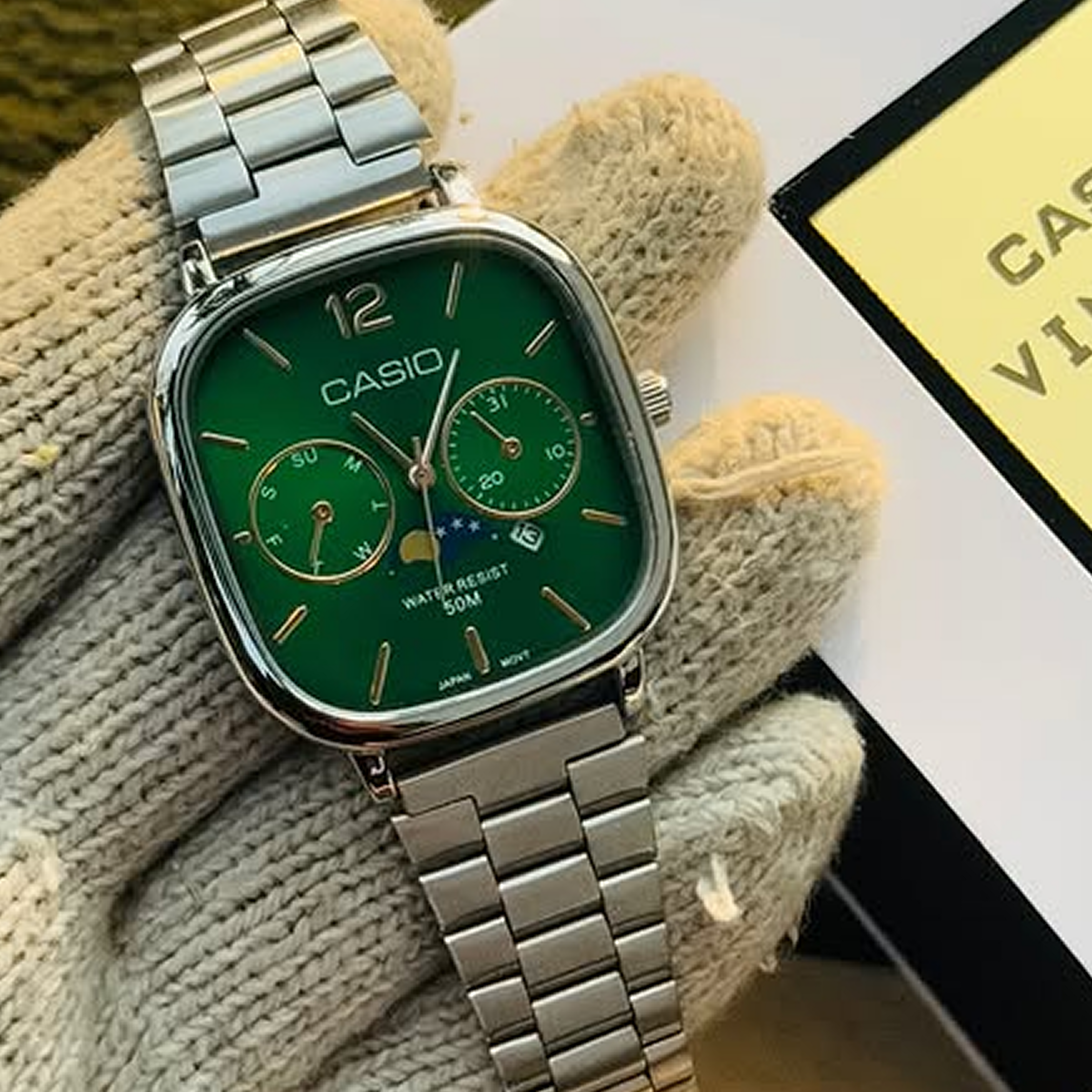 Cassiio Analog Men's Watch – Green Dial with Stainless Steel Strap, 50M Water Resistant ChronoMist