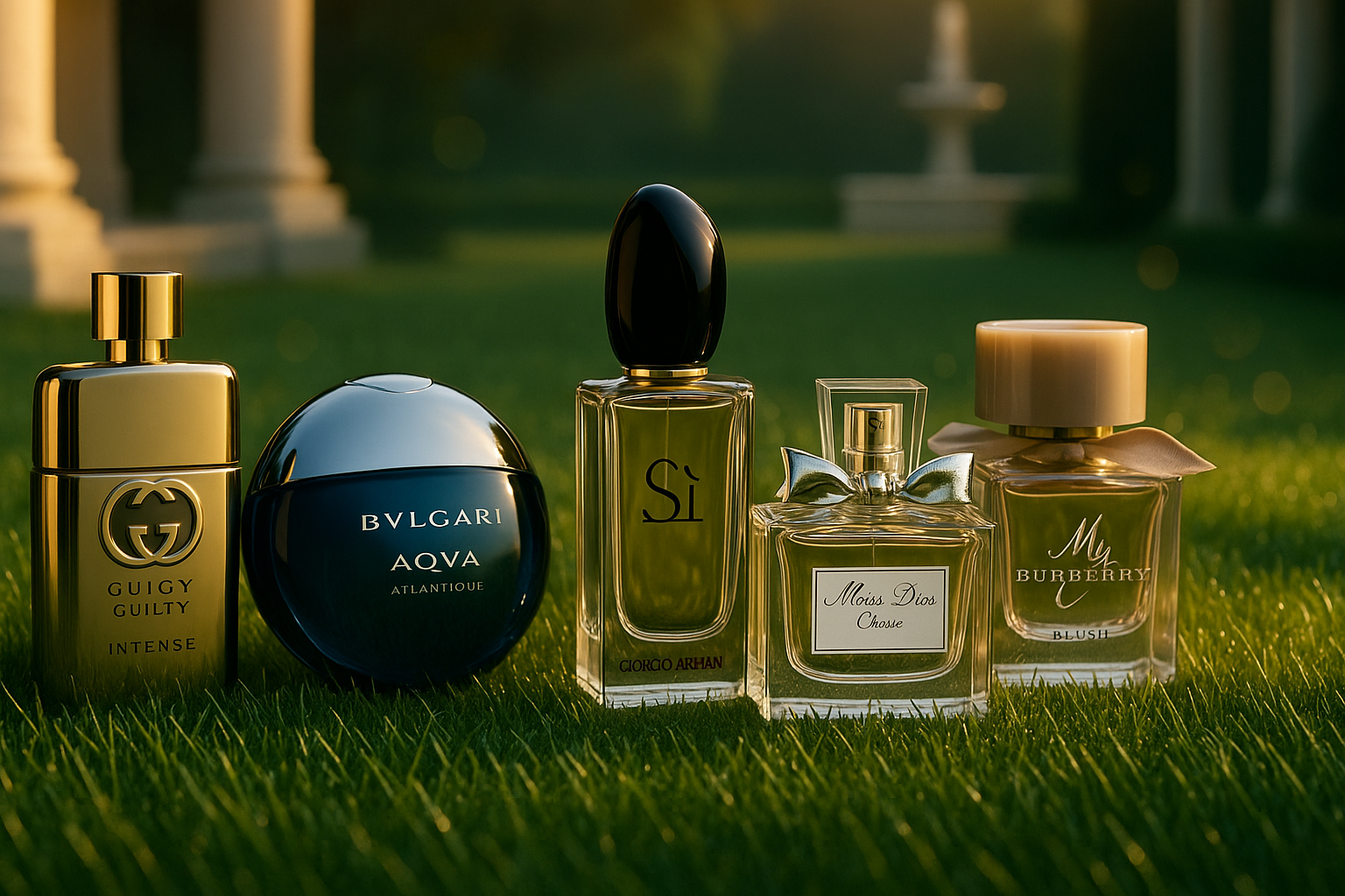 Luxury perfume banner featuring Gucci Guilty Intense, Bvlgari AQVA Atlantique, Armani Si, Miss Cheri Dior, and My Burberry Blush on an elegant emerald grass background with golden hour lighting