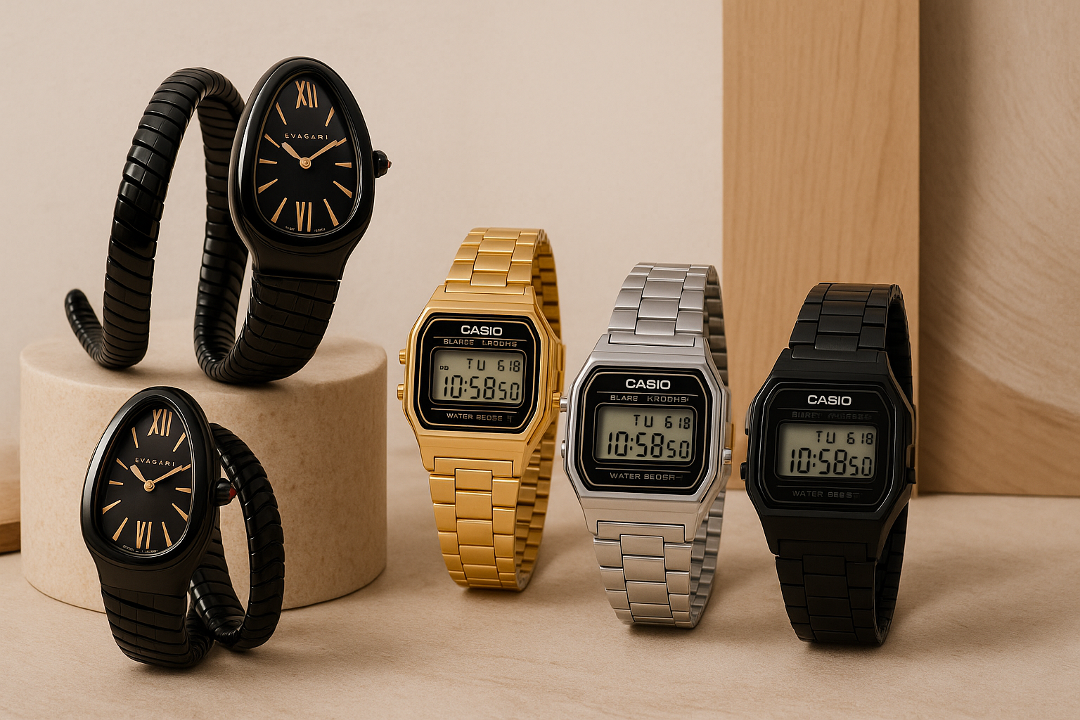 Modern banner featuring Casio vintage unisex watches and BVLGARI Serpenti Spiga Darkblack Snake watches with contemporary natural background