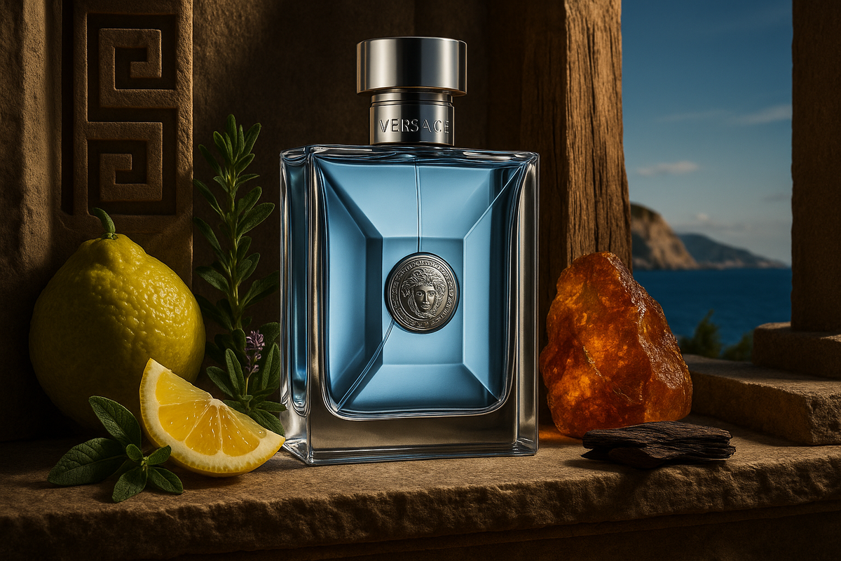Versace Pour Homme with Mediterranean-inspired background